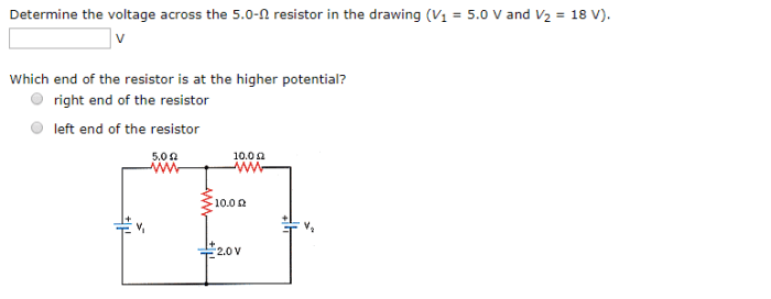 Determine the voltage across the 5.0-ω resistor in the drawing